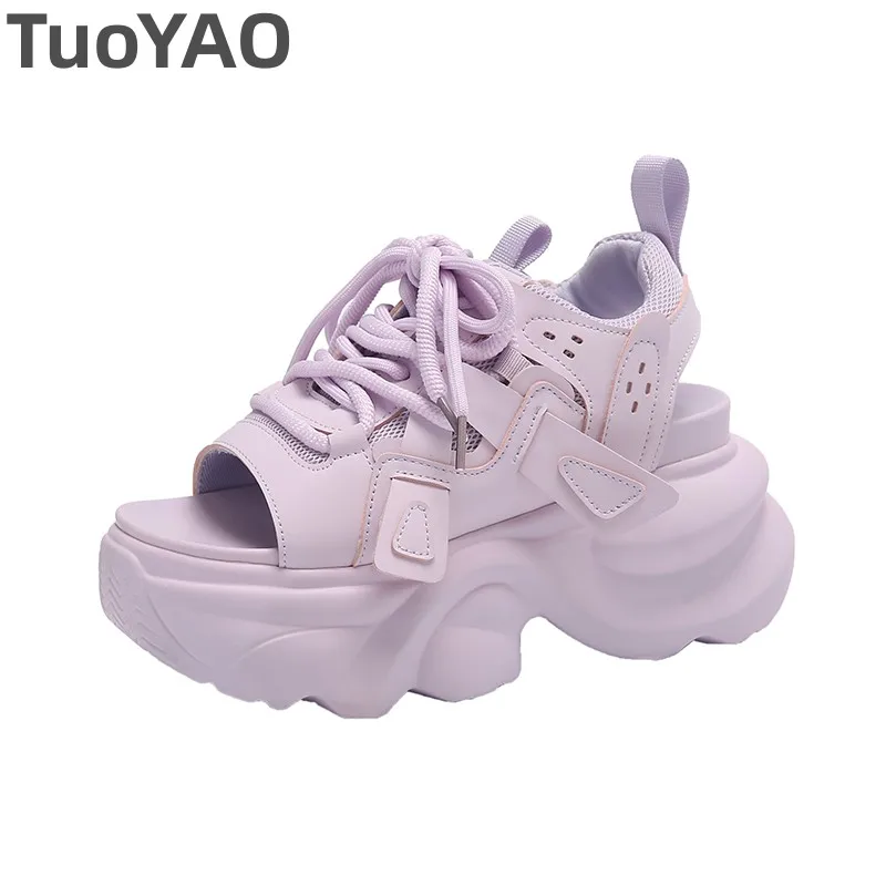 Summer Women Leather Chunky Sandals High Platform Trainers Breathable Casual Slippers Shoes New Woman 7CM Heels Wedge Sneakers