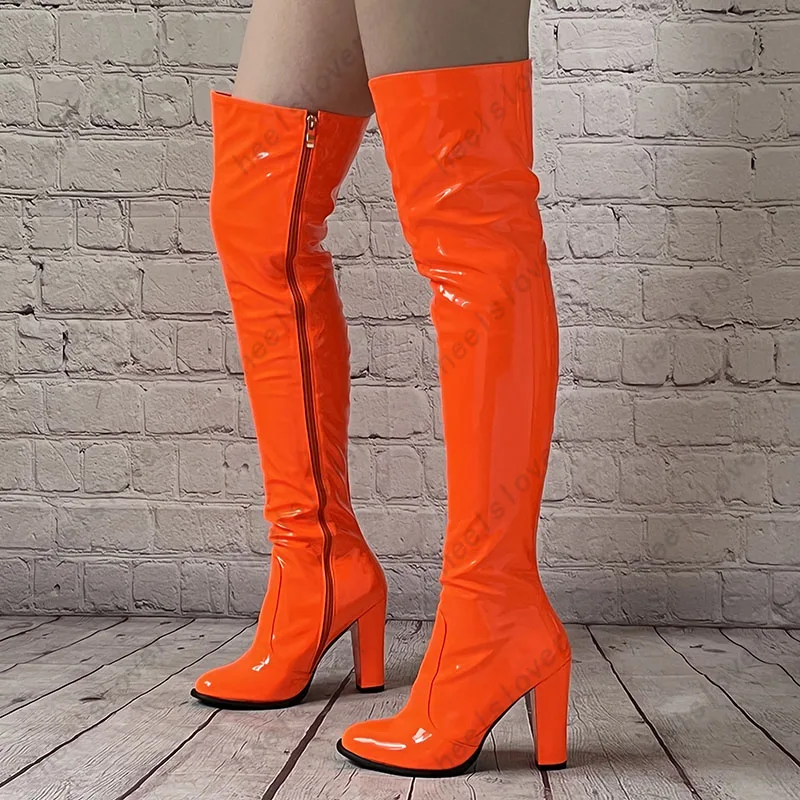 Ahhlsion Nieuwe Vrouwen Winter Dij Laarzen Stijve Patent Unisex Dikke Hakken Ronde Neus Oranje Neon Club Schoenen Plus Amerikaanse Maat 5-20