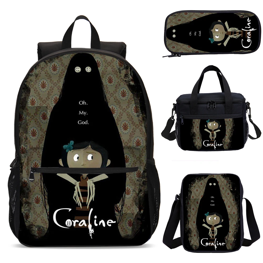 Coraline Children School Bag 4 PCS Set With Satchel Cartoon Student Back pack Anime Print Teenager Casual Backpack