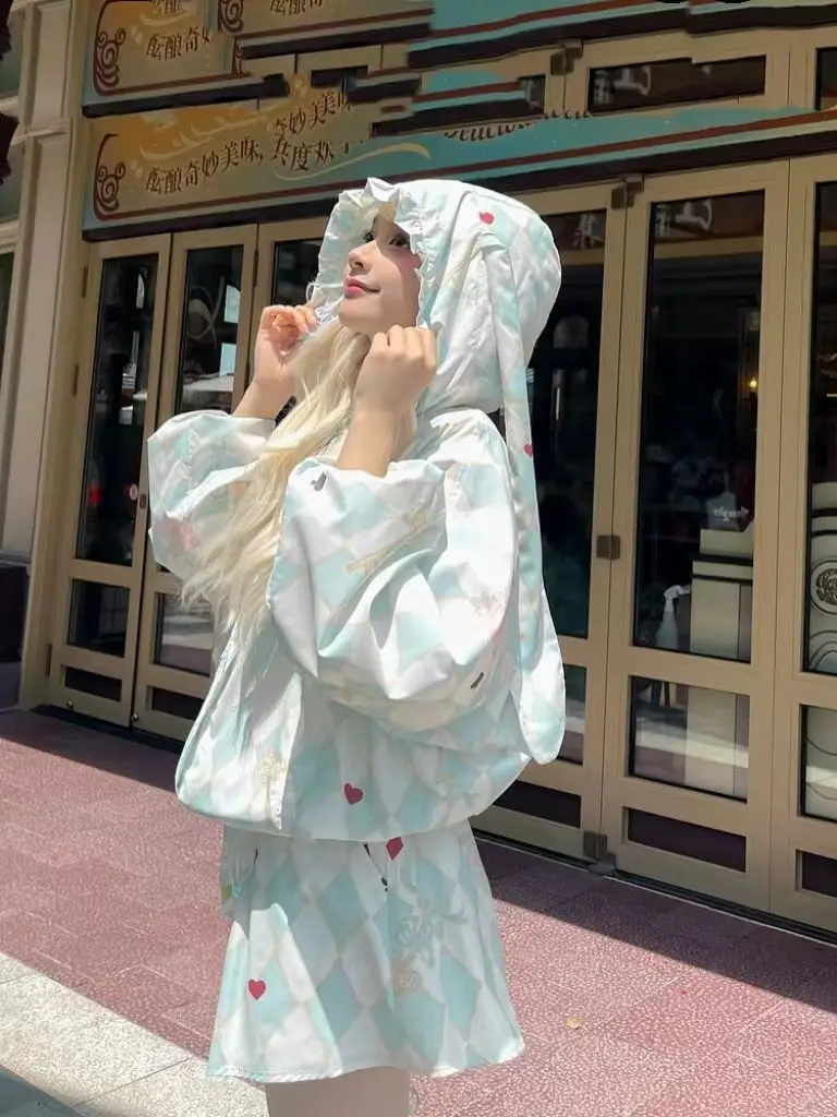 Japan Fashion Blue Y2k Plaid Coat Summer Girly Harajuku Sweet Cute Hooded Sunscreen Clothing Women Loose Casual Top 2024 New