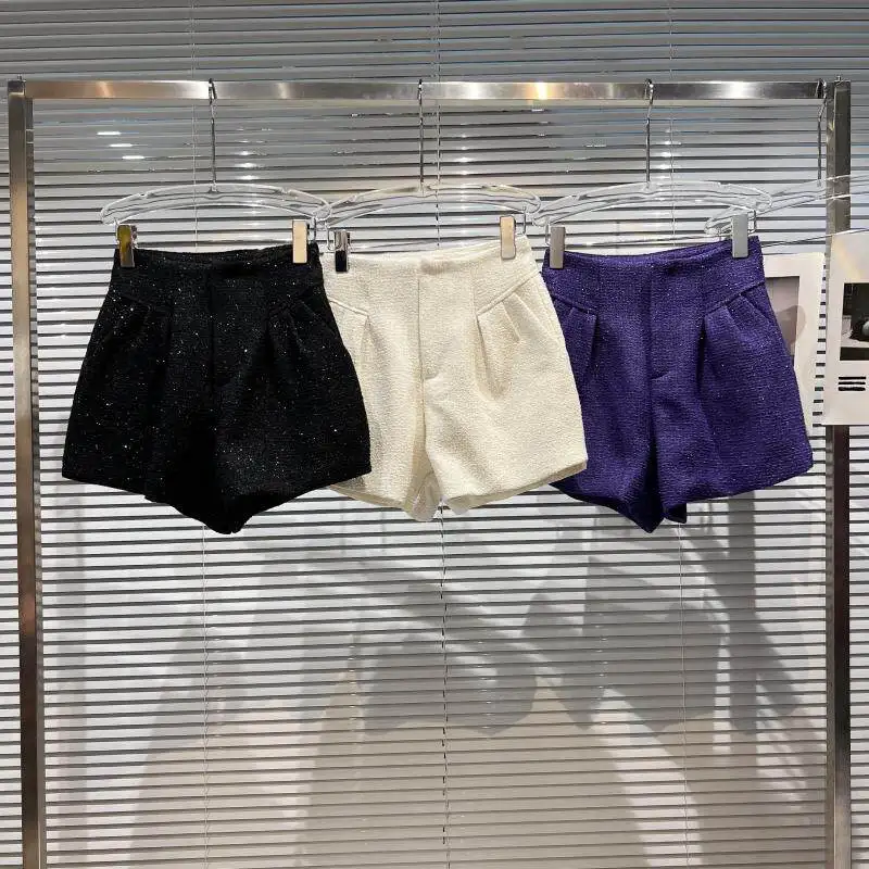 Fashion Spring Autumn Double Pocket Tweed Shorts Female High Waist Solid Color Zipper Casual Loose Shorts for Women