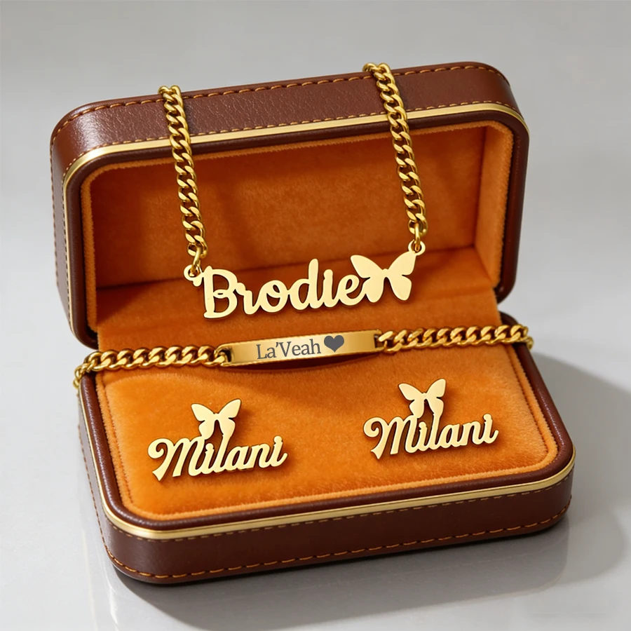 

Acheerup Personalized Name Necklace Bracelet Earrings for Women Stainless Steel Custom Letters Jewelry Set Valentine's Day Gifts