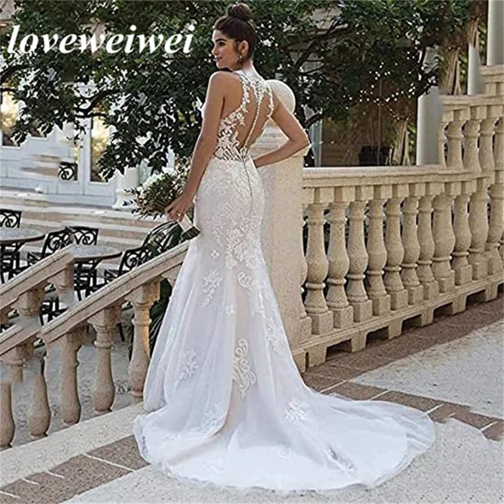 Branco Elegante Appliqued Vestidos de casamento Sheer Back Sereia Vintage Lace Noiva Vestido A linha Long Train Vestidos De Novia Para Mulheres