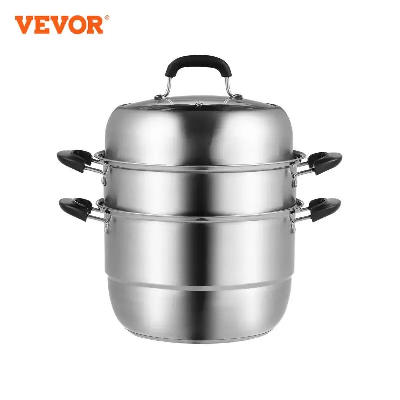 VEVOR Steamer Pot 11in/28cm 3 Tier Steamer Pot for Cooking with 8.5QT Stock Pot Vegetable Steamer 2 Steaming Tray Food-Grade 304