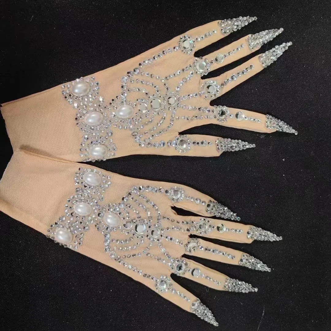 Sexy Kristalontwerper Strass Handschoenen Vrouwen Glitter Accessoires Ds Nachtclub Danser Podiumshow Zangeres Rave Festival Handschoen