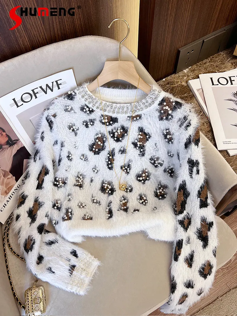 

Leopard Print Mink Sweater Women's Short Autumn and Winter New Western Style Furry Heavy Industry Beads Knitted Top Pullover