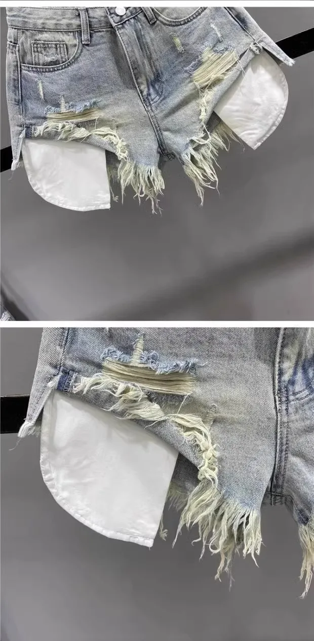 Korean Vintage Blue Sexy Ripped Jeans for Women Patchwork A-line High-waisted Denim Ultra Shorts