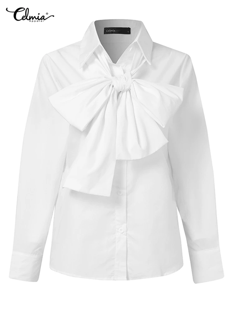 Celmia Women Bow Tie Neck White Shirts 2024 Fashion Long Sleeve Blouse Casual Elegant Party Solid Blusas Tunic Tops Femininas