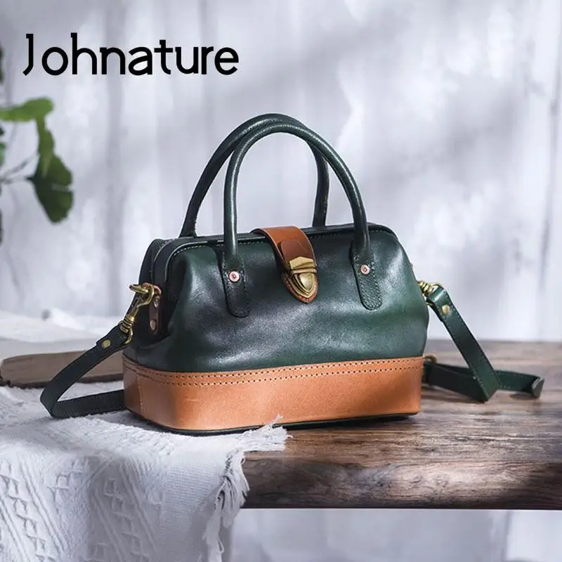 Johnature Vintage Doctor Bag Genuine Leather Large Capacity Commuter Women Shoulder Bags Real Cowhide Color Contrast Handbag