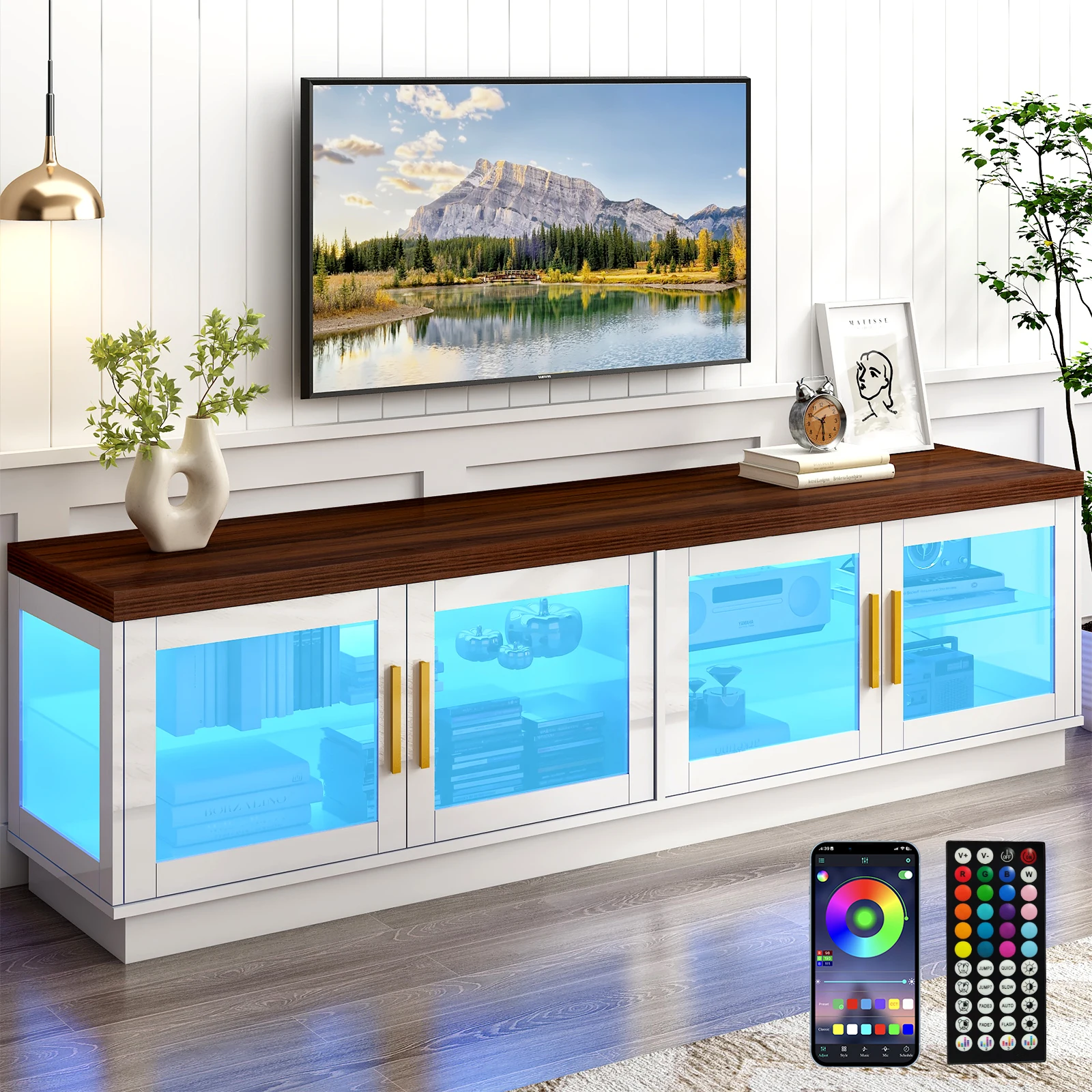 70IN LED TV Stand for 85/80/75in TV, High Glossy Modern TV Cabinet for Living Room, TV Entertainment Center with Storage Cabinet