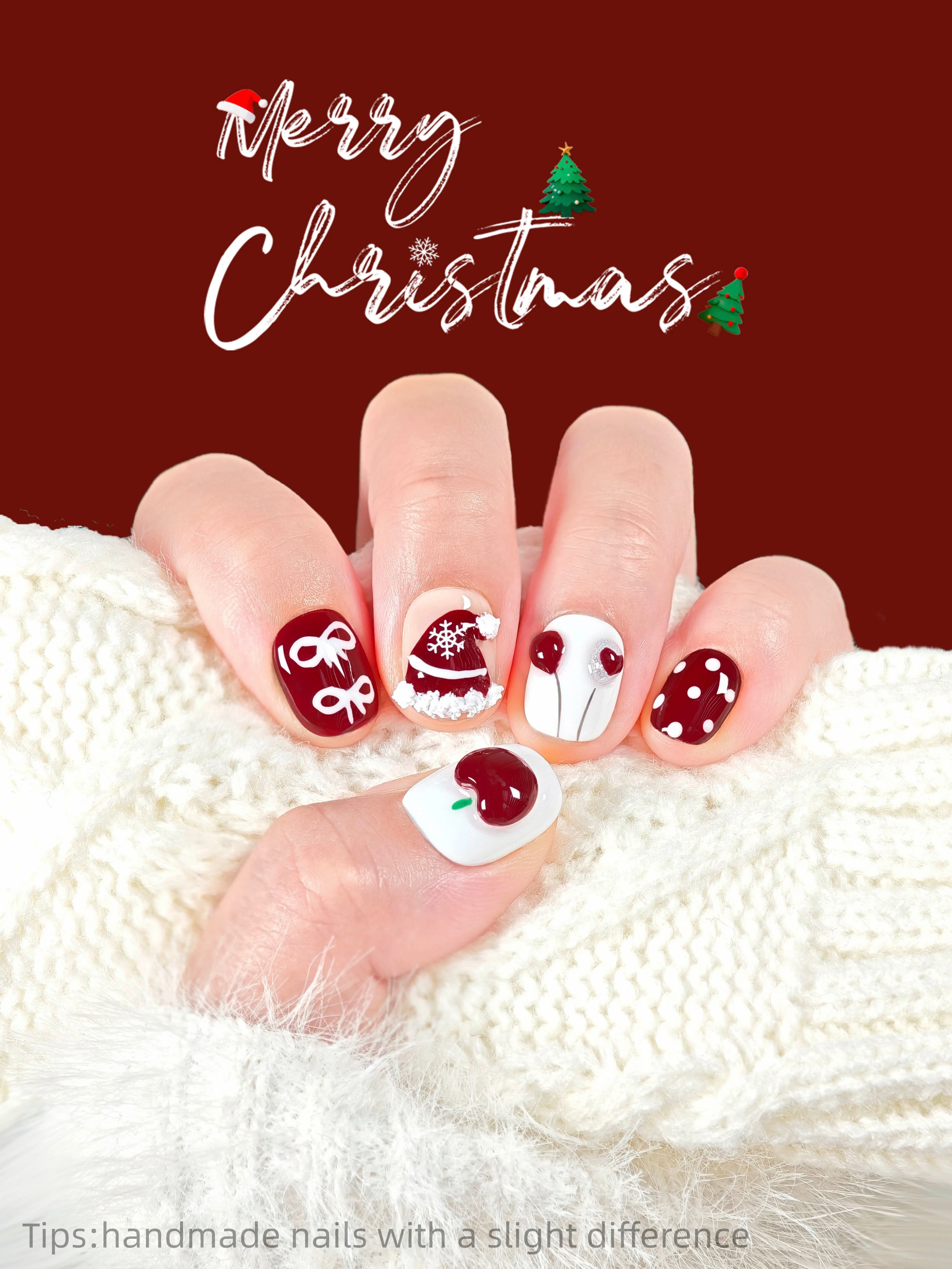 

10pcs Handmade Red Apple White Snowman Cherry Press on Nails short Wearable Reusable Cute Festival False Nails 2026