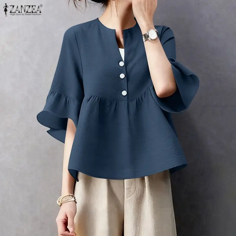 

ZANZEA Elegant Women Cotton Blouses V-Neck Flared Sleeve Gathered Solid Color Tops 2026 Spring Summer Casual Woman Clothes 3XL