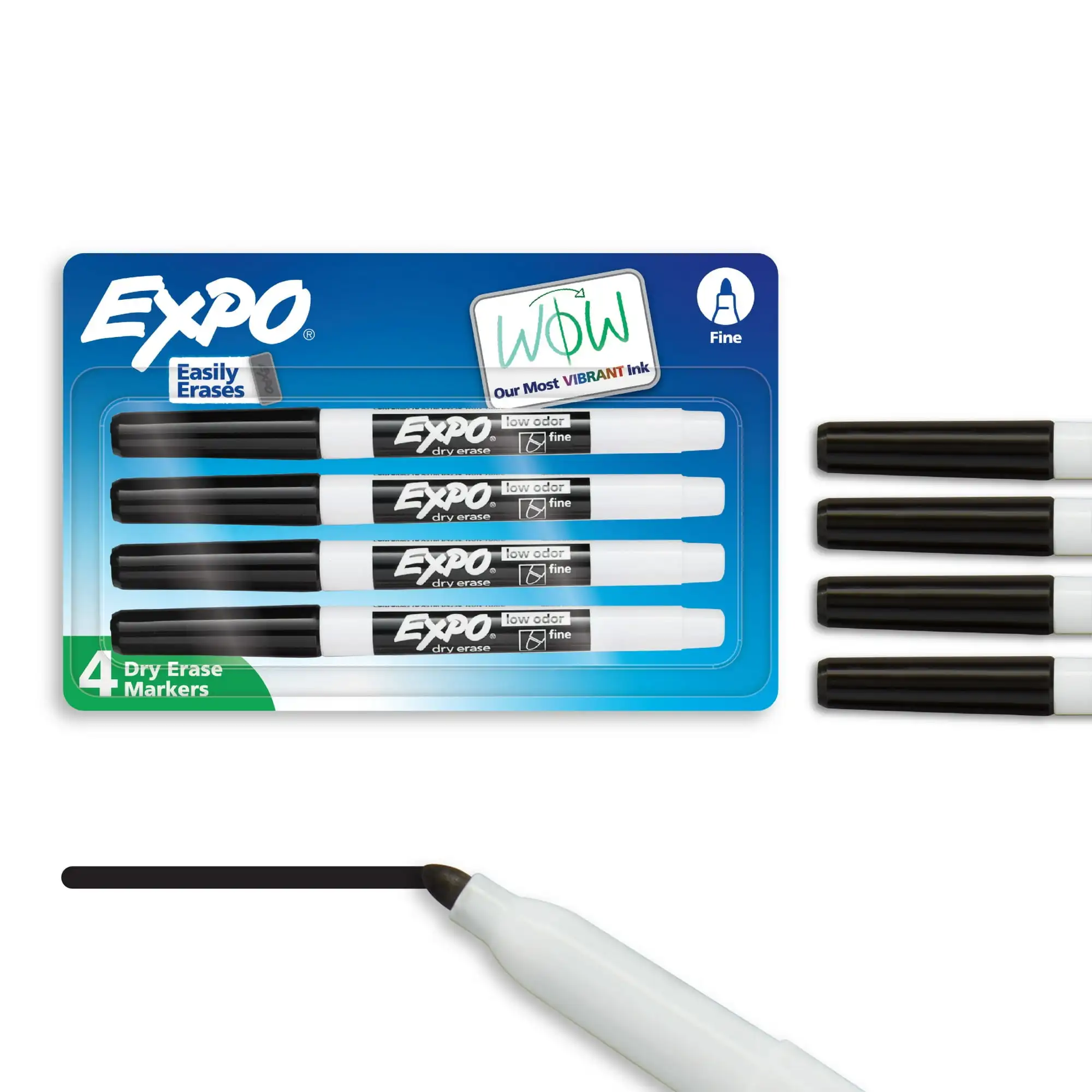 Dry Erase Markers, Black, Fine Tip, 4 Count