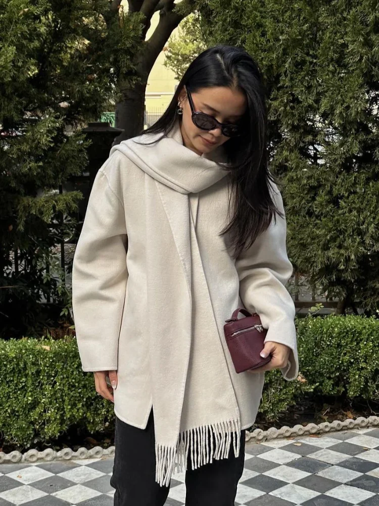 

Scarf Collar Woolen Coats Fashion Solid Color Casual Single Breasted Pocket Loose Jacket 2025 Autumn Daily Commuting Outerwear