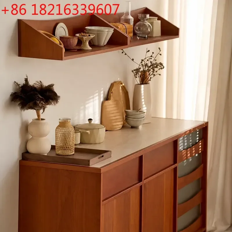 YAOCherry Solid Wood Sideboard Cabinet with Rock Slab Top Antique Style Open Storage Unit for Dining Room Kitchen Living Room