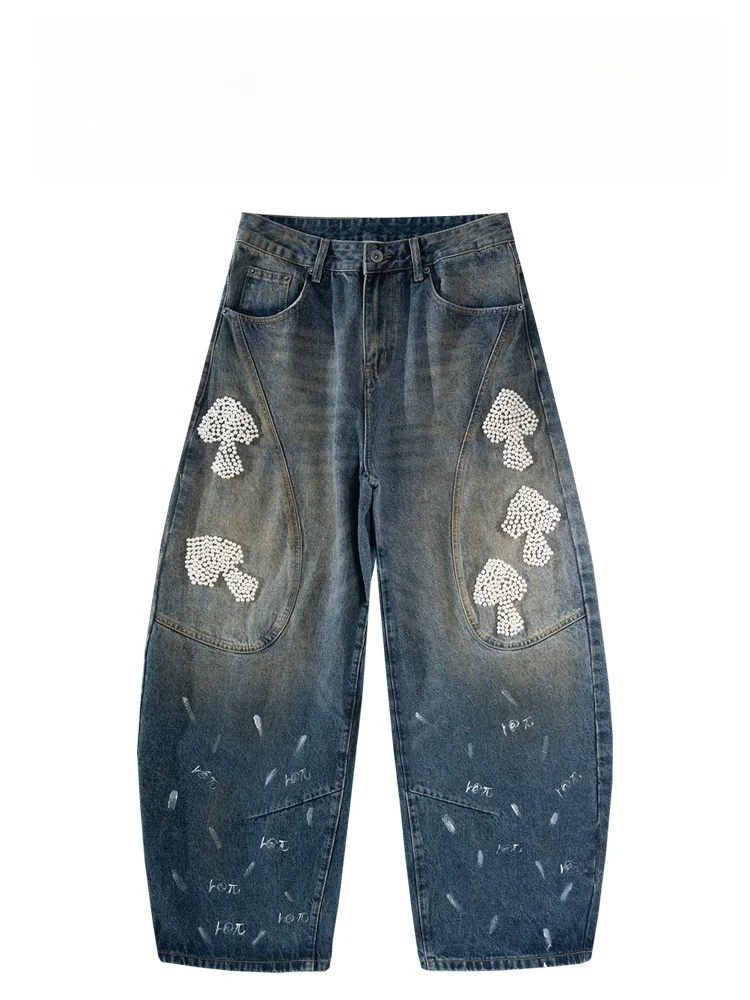 

BAIRBAOLIY American Trendy Brand High-End Pearl Embellied fiti Faion High Street Loose Wide Leg Trendy Jeans