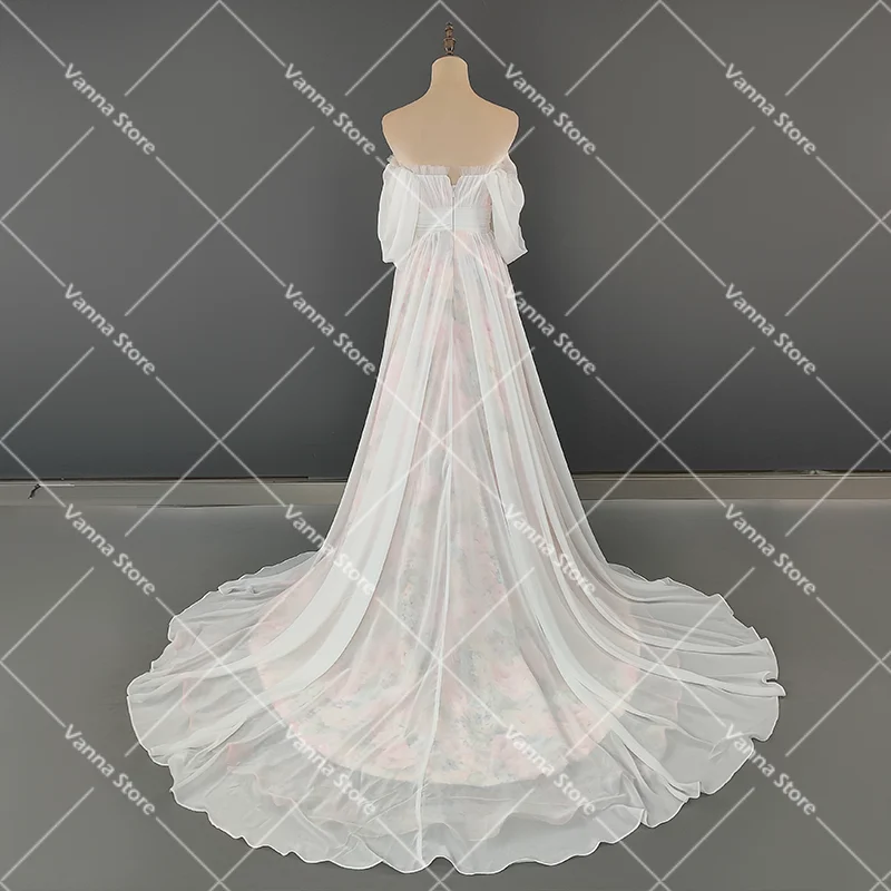 Half Puffy Sleeves Strapless Ruched Chiffon Wedding Dress Princess Customized Lace Boho Beach Garden Off Shoulder Bridal Gowns