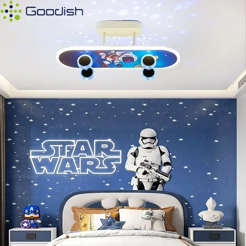 Stylish Cartoon Kick scooter Skateboard LED Home Ceiling Lights Plain Dyed Lamps for Chidren's Living Room Decoration Chandelier