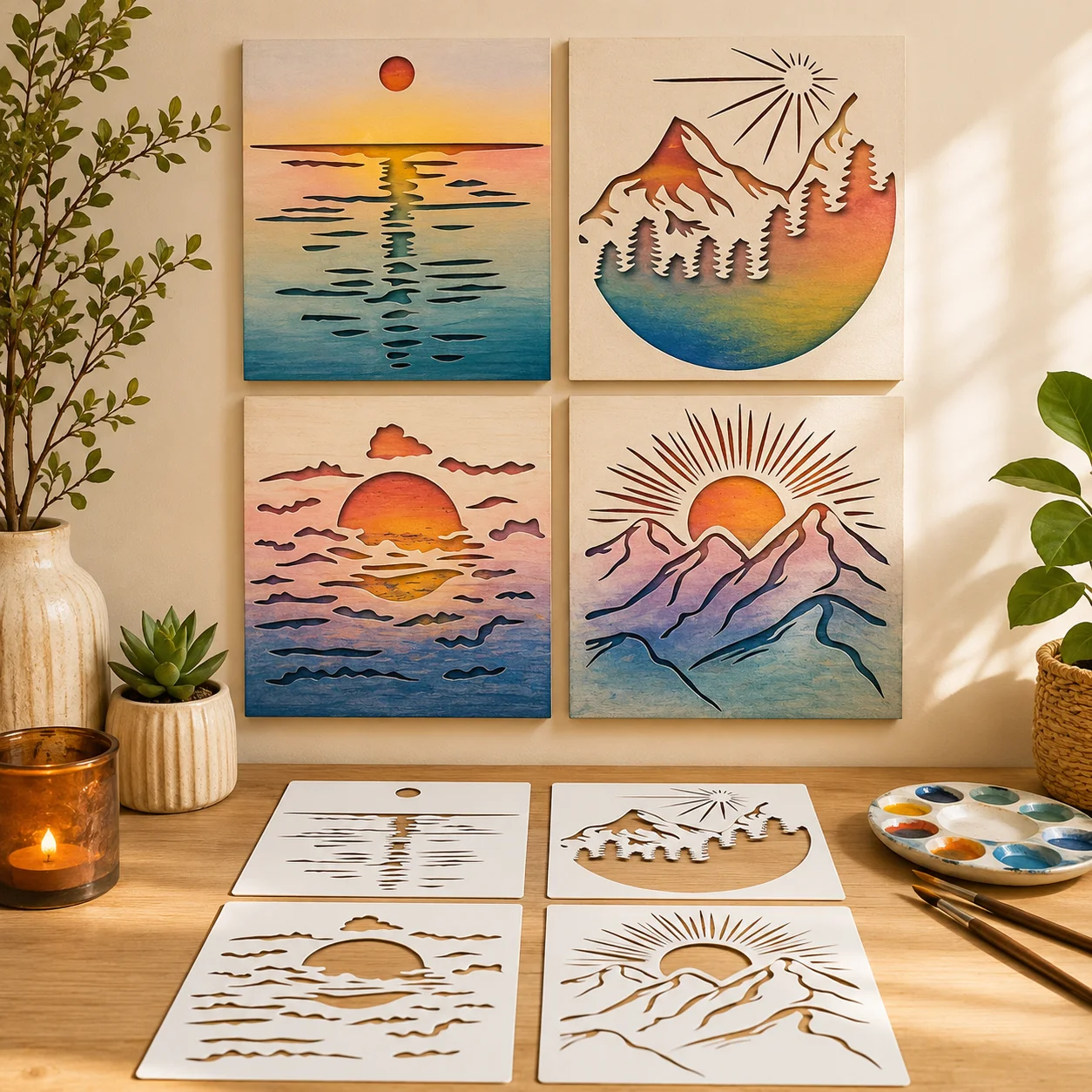 Sunset Mountain Landscape Stencils Set