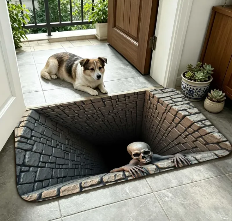 3D-Optische-Täuschung-Türmatte mit Totenkopf-Motiv, gruselige Türmatte mit Ziegelstein- und Skelett-Design, rutschfeste Fußmatte für den Eingangsbereich, gruselige Türmatte zur Dekoration der Haustür. – Detail 5
