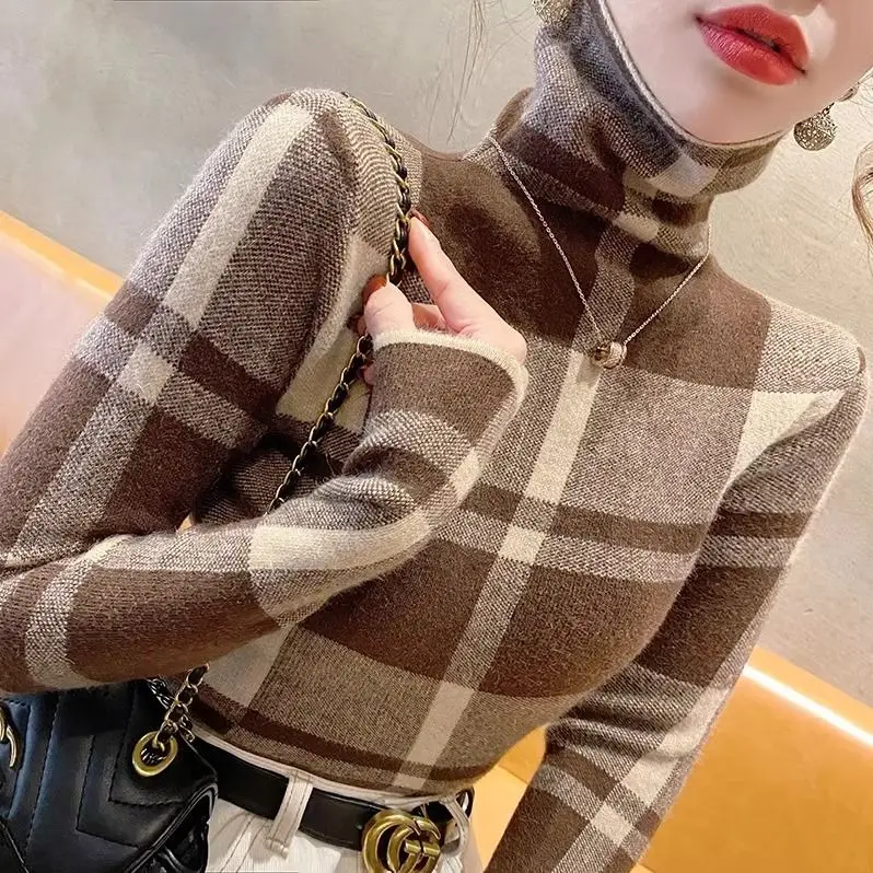 

Women Clothing Soft Slim Turtleneck Wool Knitted Pullover Autumn Winter Vintage Slim Tops Plaid Jacquard Sweaters Korean Jumpers