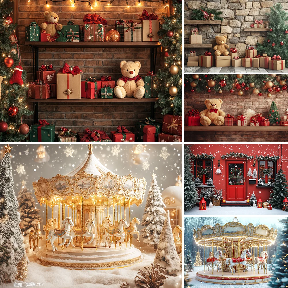 

Christmas Photography Background Window Cute Bear Gifts Glitter Xmas Tree Kids Family Portrait Decor Backdrop Photo Studio
