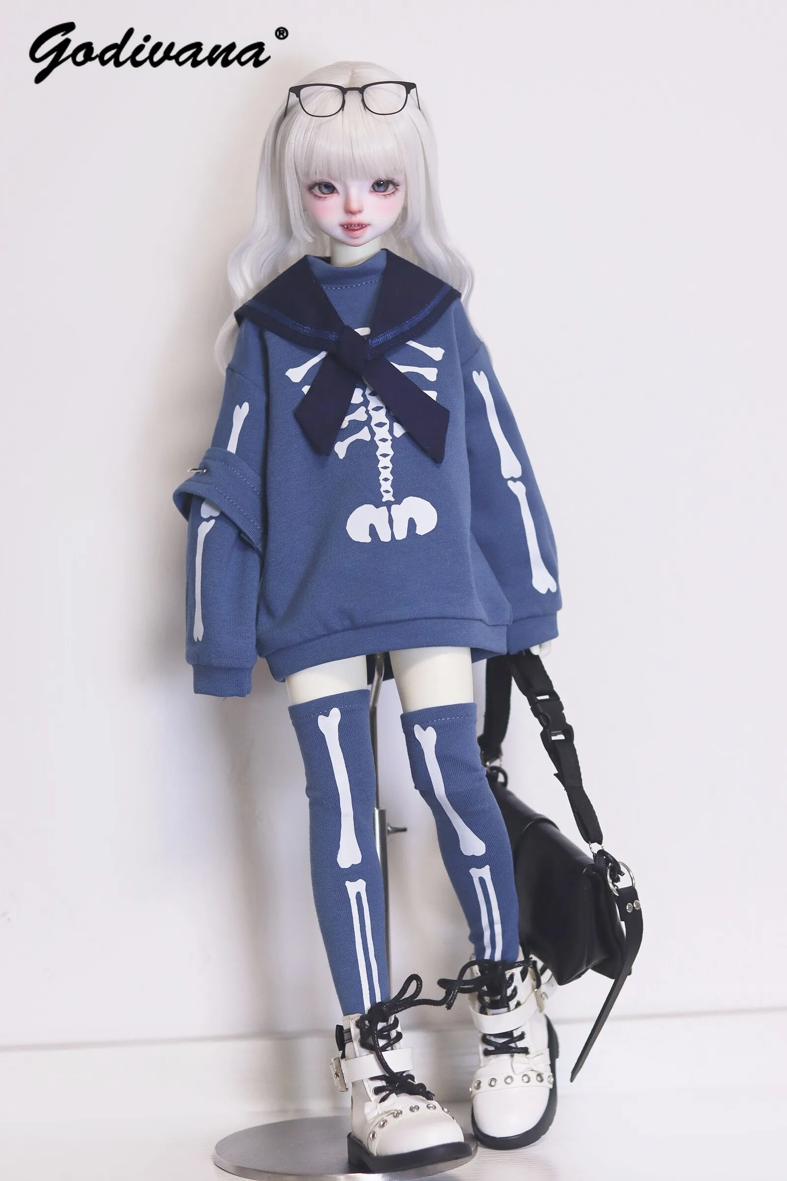 Gothic Punk Y2K 1/4 1/6 BJD Doll Outfit Sailor Collar Sweatshirt with Bone Print Skeleton Pattern Thigh High Socks Doll Costume