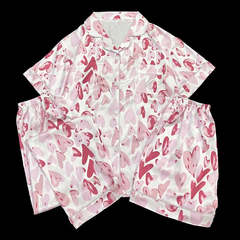 Korean-Style Sweet Ins-Style Short-Sleeve Pajamas Three-Piece Set for Girls, Summer Heart Print Ice Silk Homewear Summer Clothes