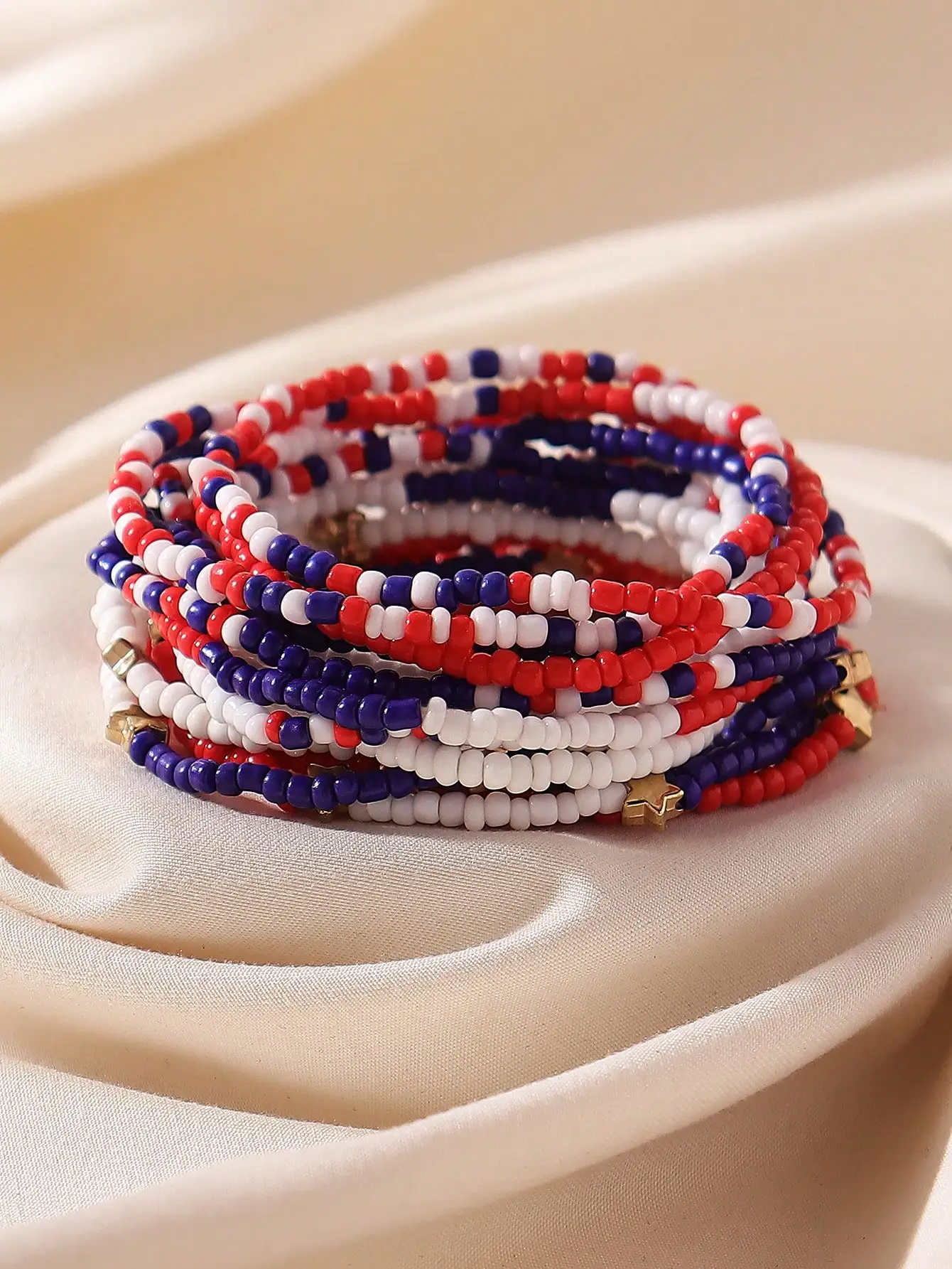 

14Pcs American Flag Star Beaded Bracelet Set Red White Blue Elastic Stackable Bangle Women Casual Holiday Fashion Jewelry