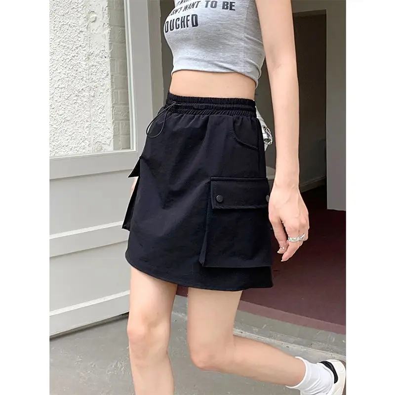 Women`s Mini Skirts Casual Pockets Dresses Y2K Retro Streetwear Vintage Fashion Cargo Dresses Safari Style Girls Short Skirts