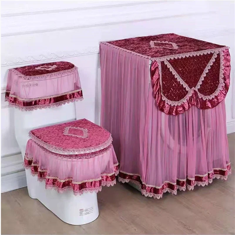 Lace Embroidered Toilet Three Piece Washing Machine Cover Home Decoration Velvet Toilet Cover Detachable Washing Machine Cover