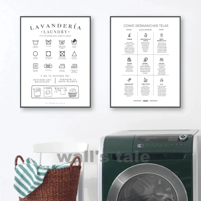 Imagens de parede para lavanderia, símbolos espanhóis de lavandería, guia de manchas, pintura em tela, impressões, espanha, decoração de quarto de casa