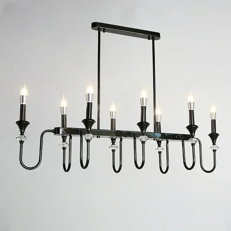 French Medieval All Copper Crystal Long Dining Room Pendant Light Minimalist Eight Headed American Candle Hanging Lamp