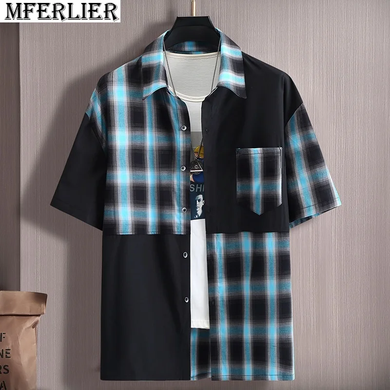 

summer men plaid patchwork shirts short sleeve pockets plus size 10XL 11XL 78 76 74 72 70 casual shirts