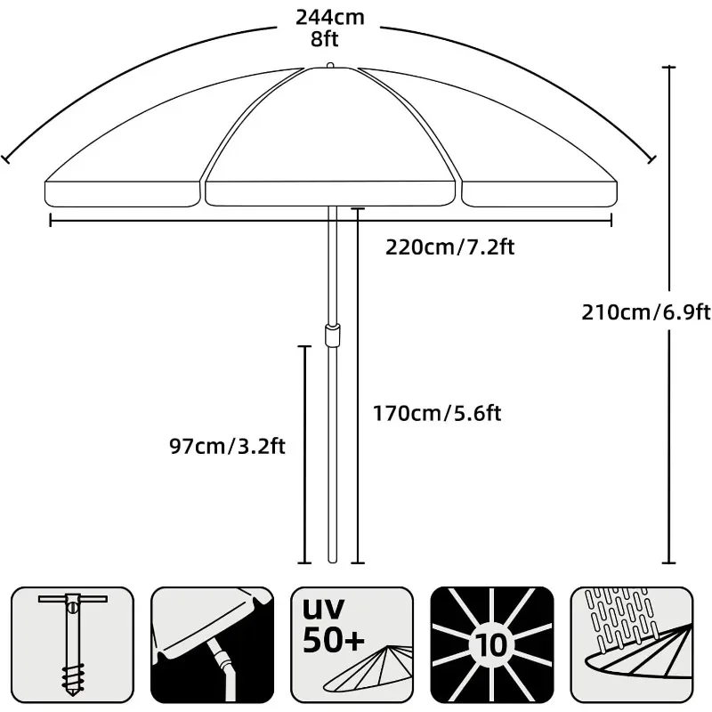 Beach Umbrella with sandanchor,Heavy Duty High Wind Portable Outdoor Umbrellas with  Protection,AirVents,Push Button Tilt Pole,