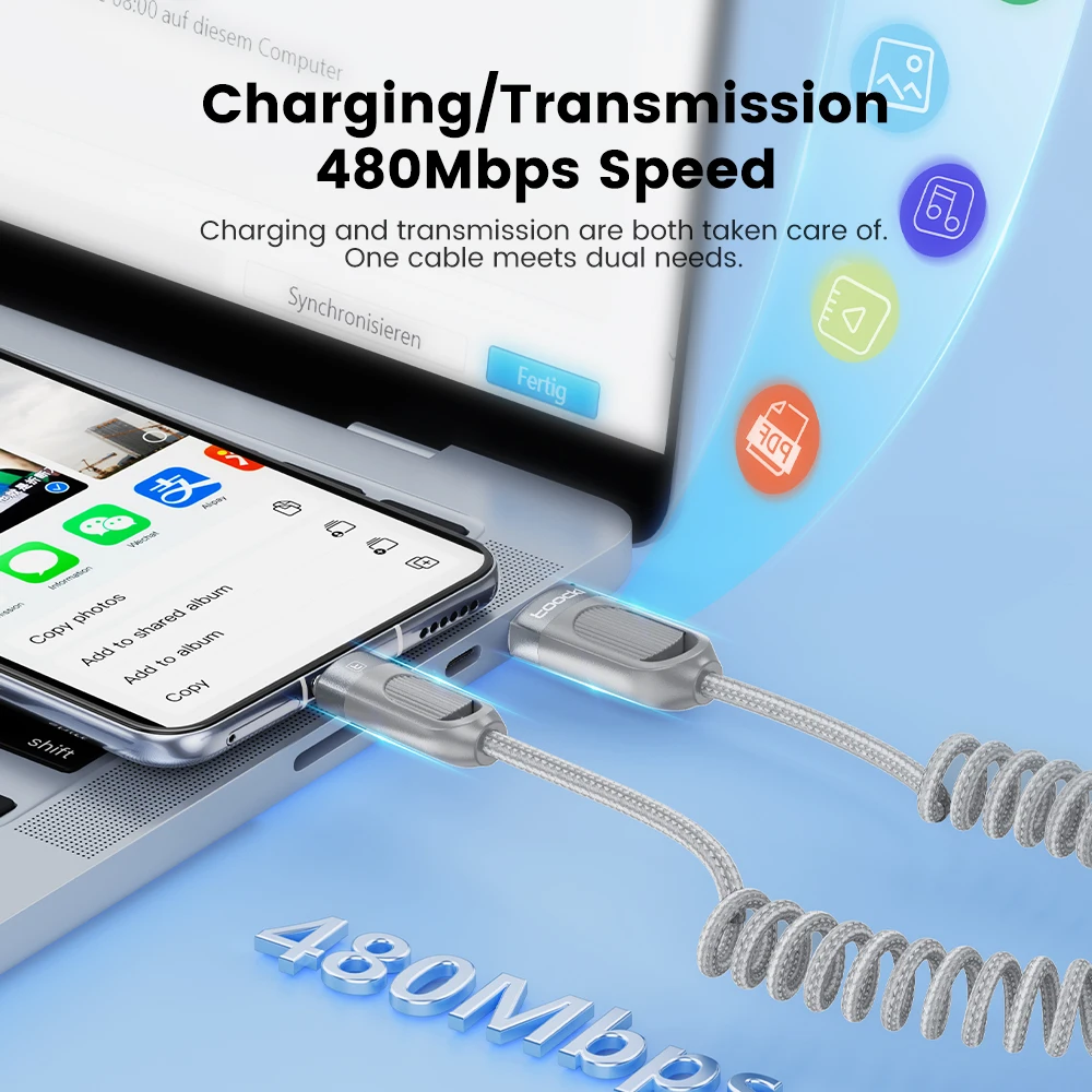 Toocki USB سيارة الربيع نوع C كابل آيفون 17 16 برو شاومي سامسونج 1.5 متر 3A شحن سريع شاحن USB C سلك البيانات للكمبيوتر اللوحي #4
