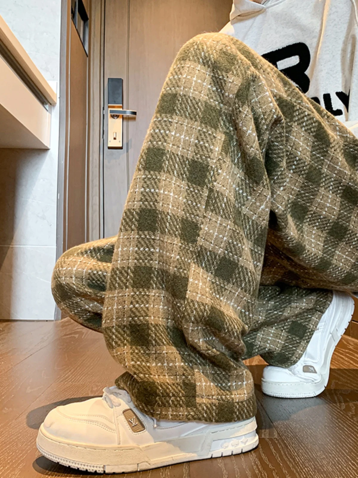 

Oversize Plaid Woolen Pants Men's Autumn Winter Flannel Wide Leg Workwear Trousers een Color American Retro Sle Casual Pants