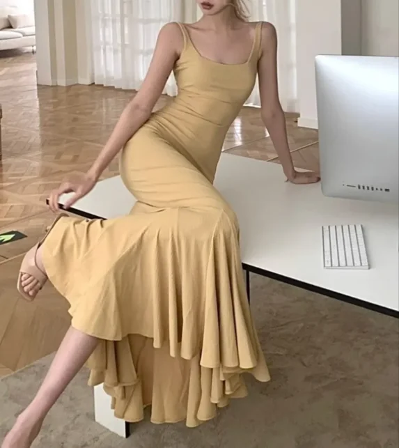 

Square Collar Style Camisole Dress, Fishtail Skirt, Hip Hugging Mid Length Skirt, Ladies' Elegant Summer Solid Color Dress