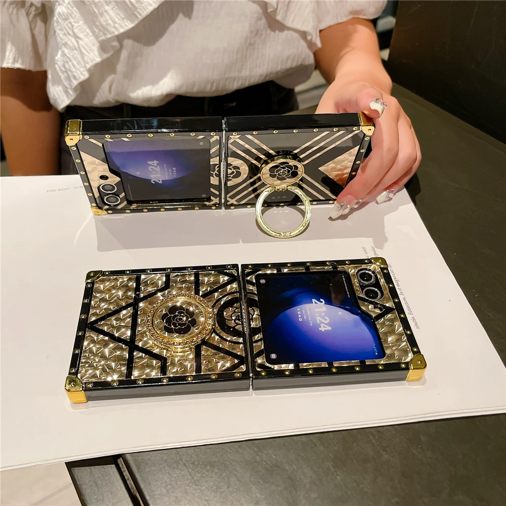 

Luxury Glitter Gold Phone Cover for Samsung Z Flip 5 Flip 3 Mirror Face Rose Flower Case for Samsung Galaxy Z Flip 6 Z Flip 4