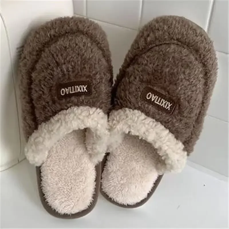 2025 New Trend Winter Couple Indoor Non-slip Mule For Men Women Flip Flops Warm Fluffy Slippers Home Slides Casual Cotton Shoes