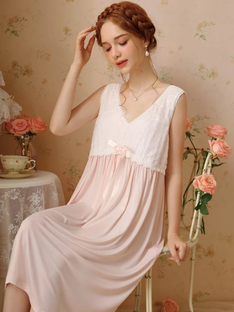 French Vintage Sleeveless Nightgown Sweet Princess Modal Pajamas Nightdress Ladies Summer Fairy Victorian Sleepwear Nightwears