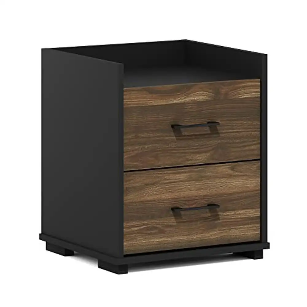 

Modern End Table Nightstand with 2 Drawers Bedroom Storage Columbia Walnut/Black Compact Design Sturdy Construction 1-Pack