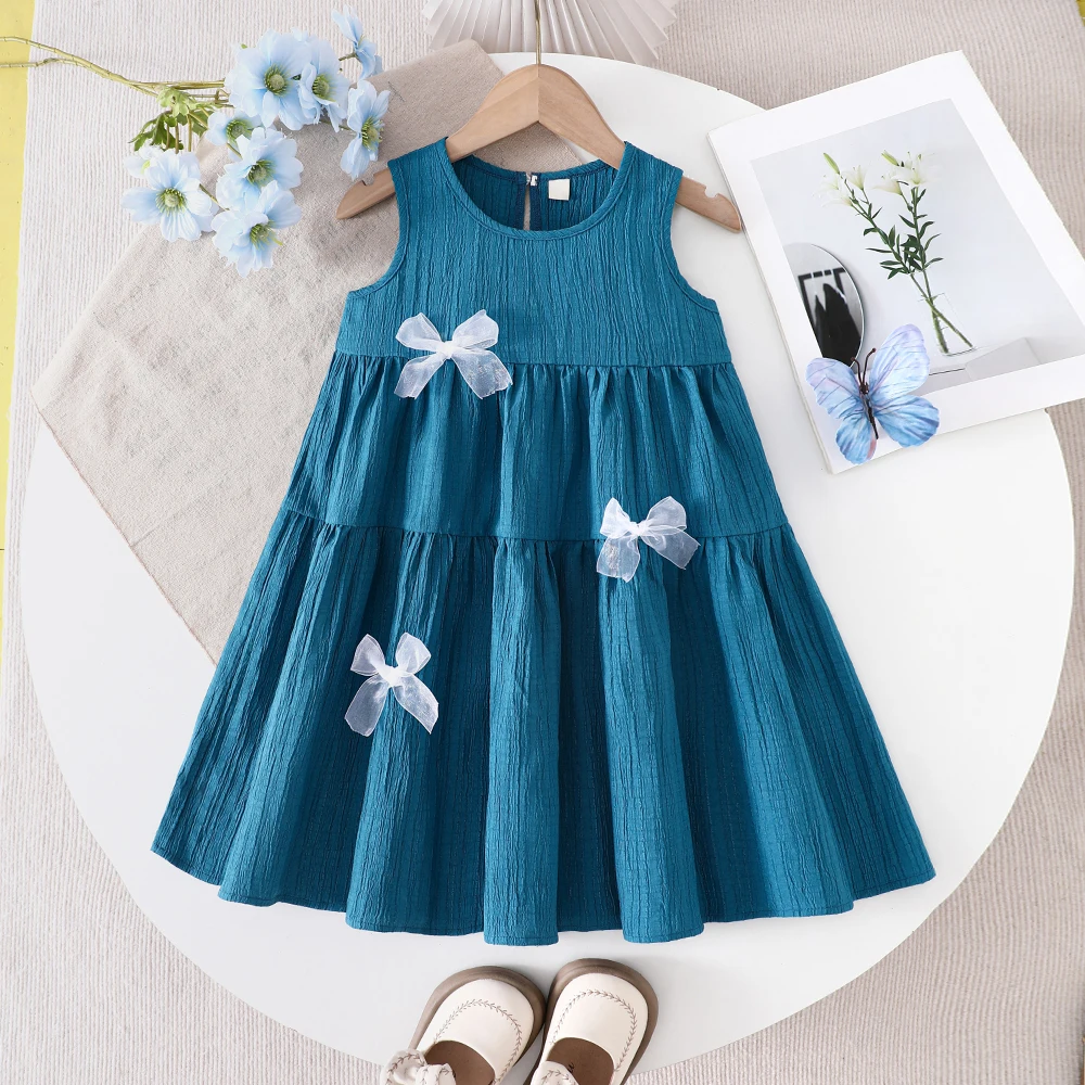 Girls' summer multi-layered patchwork three-dimensional bowknot sleeveless vest dress casual dress