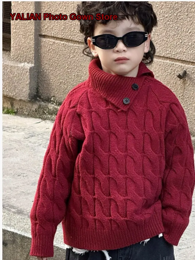 Boys Knit Top Kids Spring Autumn Mock Neck Fold Collar Stylish Fall Outfit for New Year Celebration High Neck