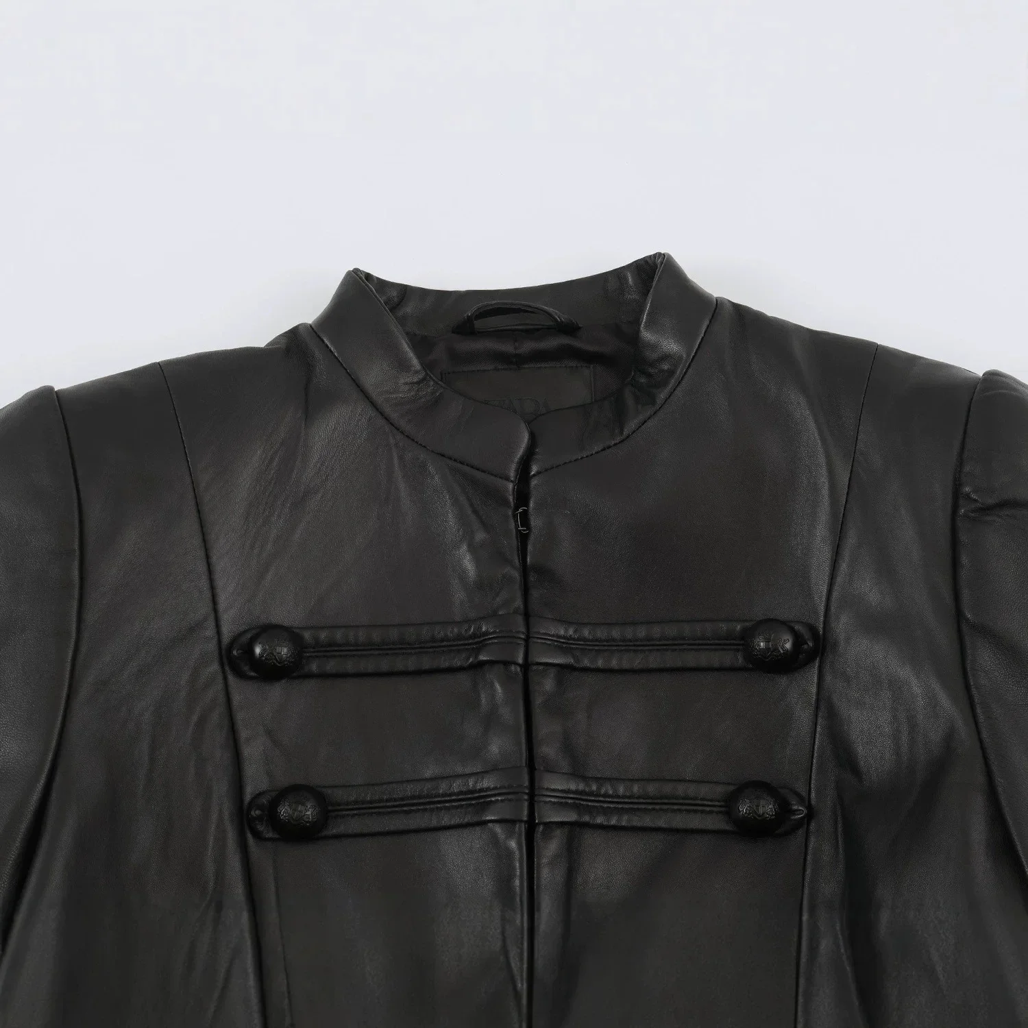 Stand Collar PU Leather Jacket Women Frog Button Loose Fit Casual Black Daily Elegant Autumn Spring Cozy Outerwear