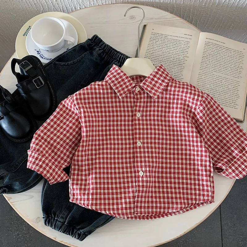 

Детская рубашка с длинным рукавом, весна и осень 2025 года, новая корейская красная клетчатая куртка для девочек и мальчиков
