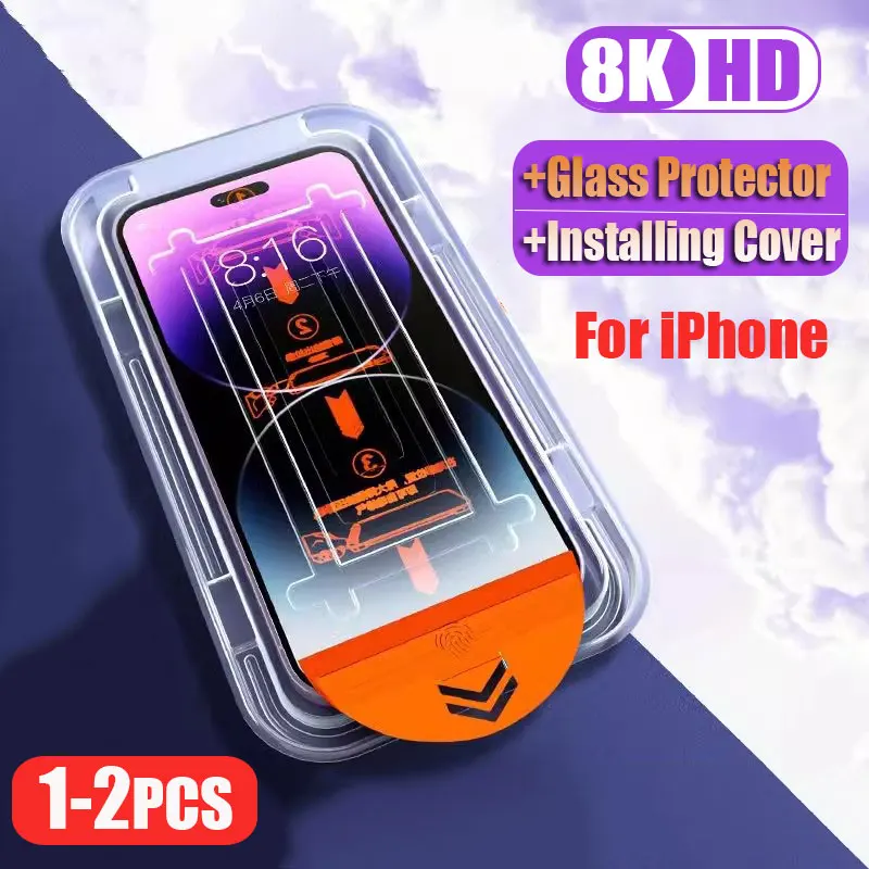 1-2Pcs 8K HD Tempered Glass For iPhone 15 14 13 12 11 Pro Max XS MAX XR 15 Plus Screen Protector With Alignment Mounting Cover