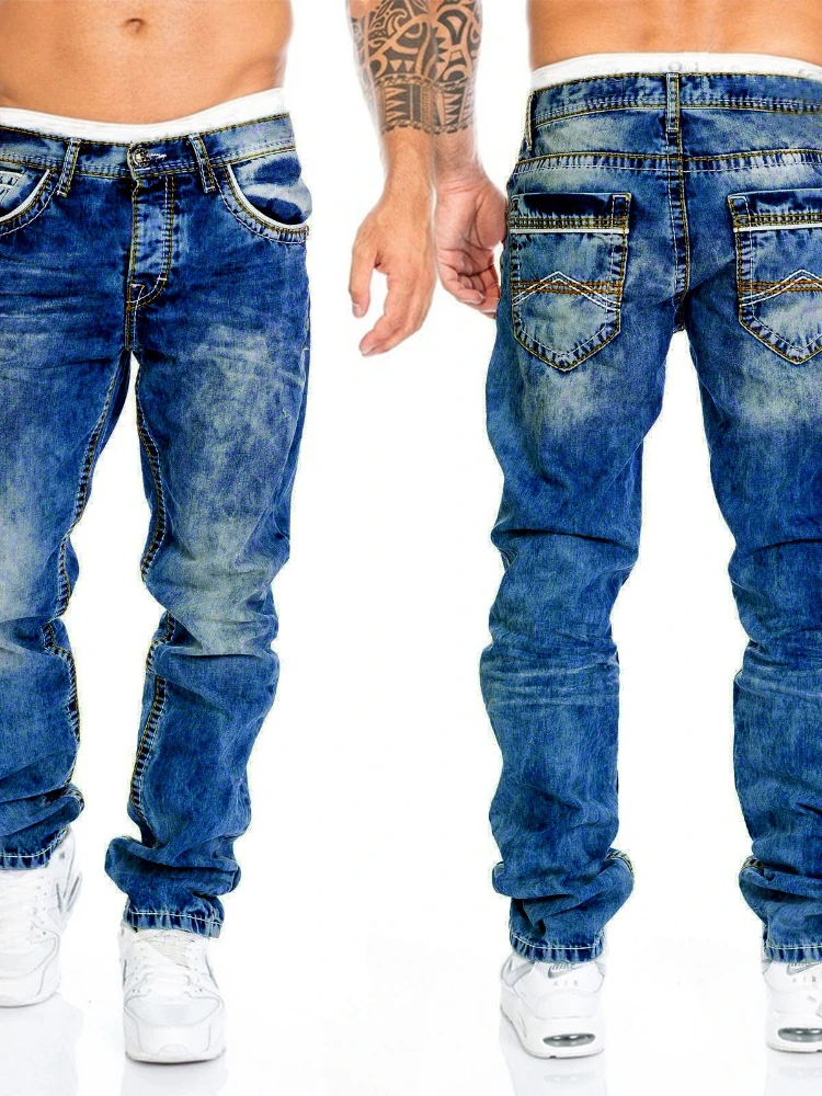 Pantaloni dritti strappati Jeans da uomo tasche in Denim stile Punk lunghezza alla caviglia vita media lavaggio Slim Fit cerniera Fly Skinny Vintage