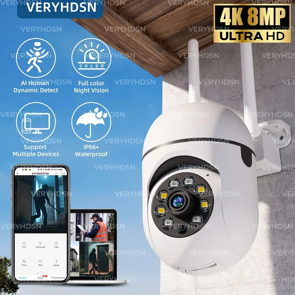 8MP Wireless PTZ Security Camera Outdoor Wifi IP 4X Zoom AI Human Tracking Two Way Audio HD Night Vision Color