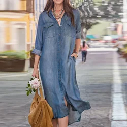 Women Long Dress Single Breasted Full Sleeve Denim Dresses Solid Turn Down Collar Splice Slim Fit Vestidos Casual Autumn